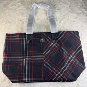 Victoria’s Secret Plaid Tote Bag Large Red Black Check Shopper Travel NWT